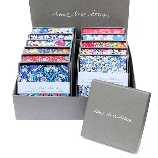 Lime Tree Design - 12 Single Boxed Hankies made with Liberty Fabric: Counter Top Display