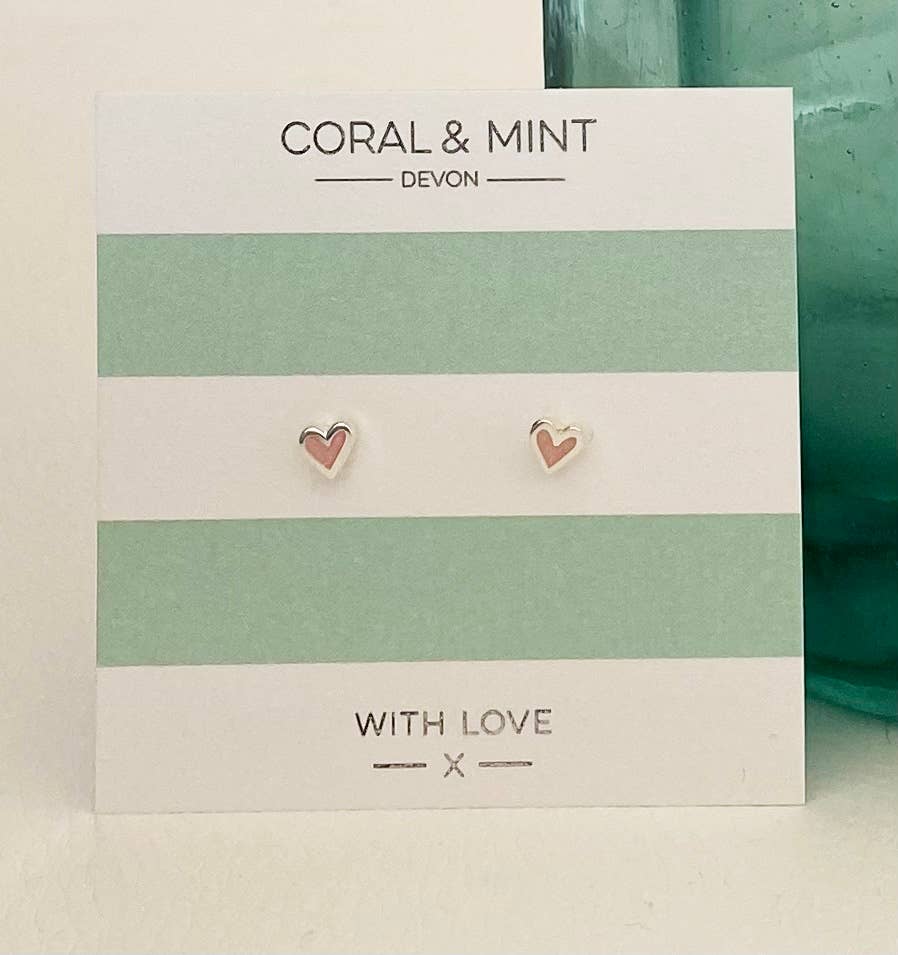 Coral and Mint - Mini Heart Studs - Pink Sparkle Enamel