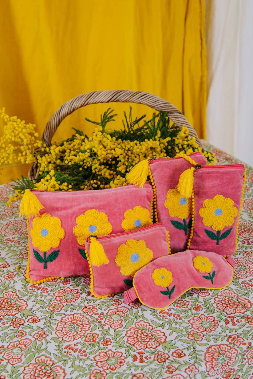 Pink Lemons Ltd - Velvet Triple Flower Pouch - Pink & Yellow: Large