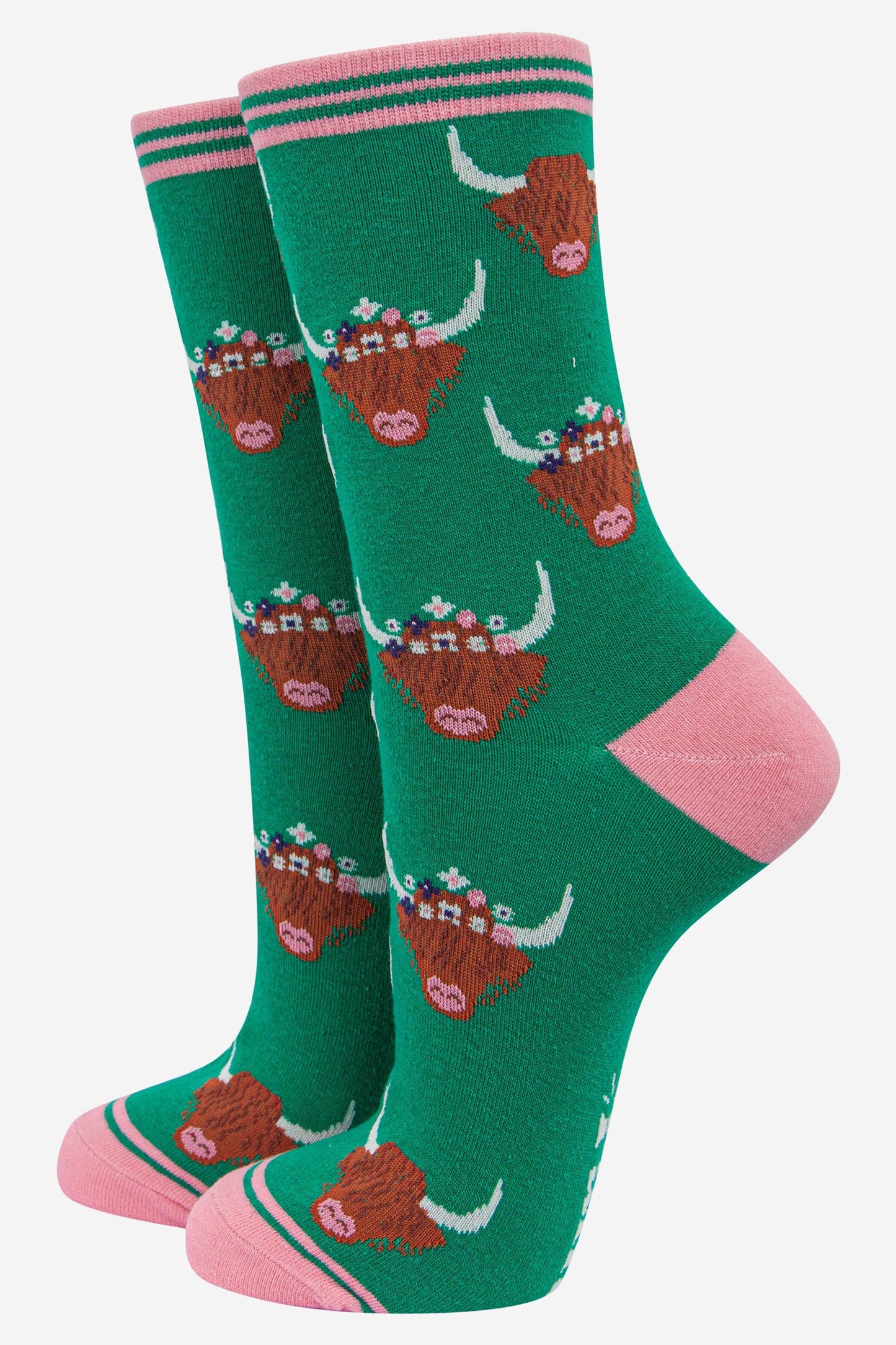 Sock Talk - Women's Highland Cow With Floral Crown Bamboo Socks in Green