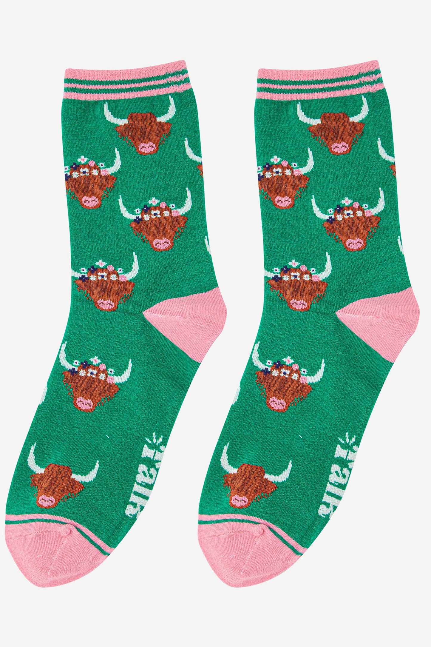 Sock Talk - Women's Highland Cow With Floral Crown Bamboo Socks in Green