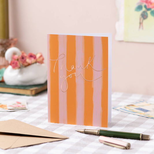 Oh Squirrel - 'Thank You’ Mustard / Peach Stripe + Rose Gold Foil Card: Cellophane