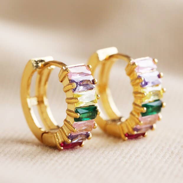 Lisa Angel - Pink and Green Baguette Crystal Huggie Hoop Earrings