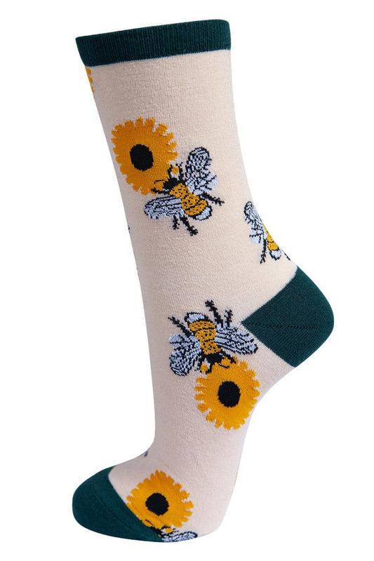 Sock Talk - Womens Bamboo Bee Socks Bumblebees Sunflowers Floral Ankle