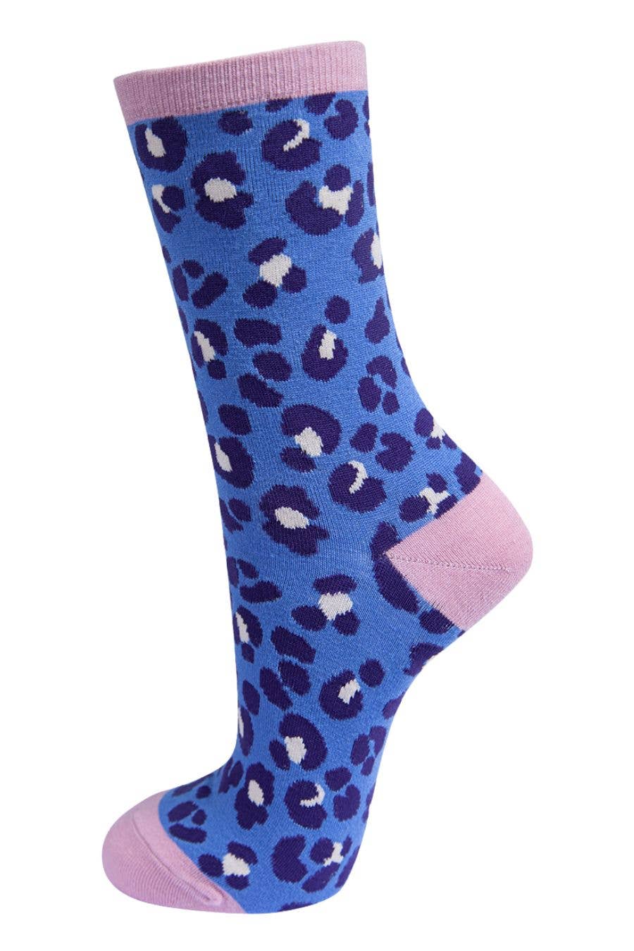 Sock Talk - Womens Bamboo Leopard Print Socks Ladies Animal Print Blue