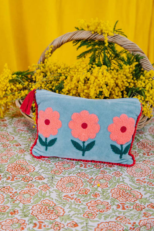 Pink Lemons Ltd - Velvet Triple Flower Pouch - Pink & Aqua: Large