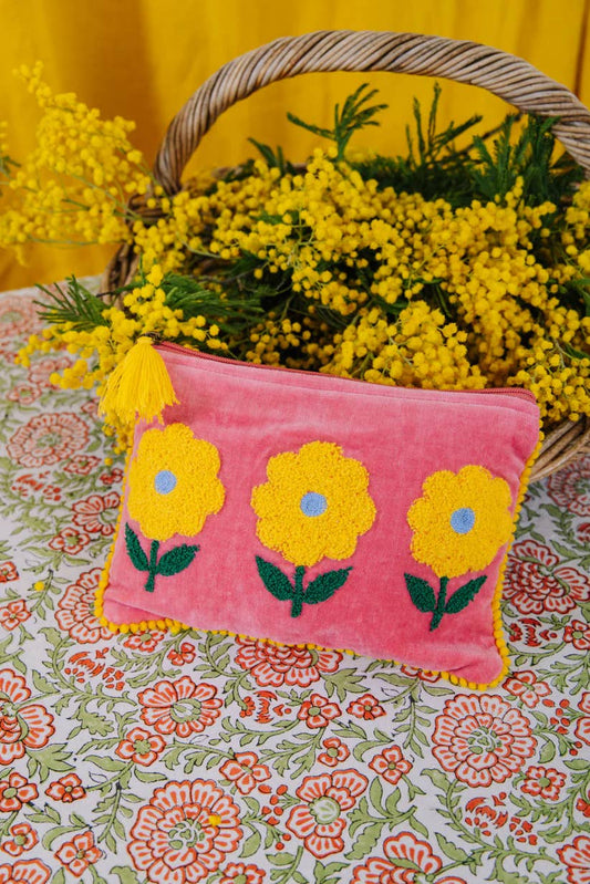 Pink Lemons Ltd - Velvet Triple Flower Pouch - Pink & Yellow: Large