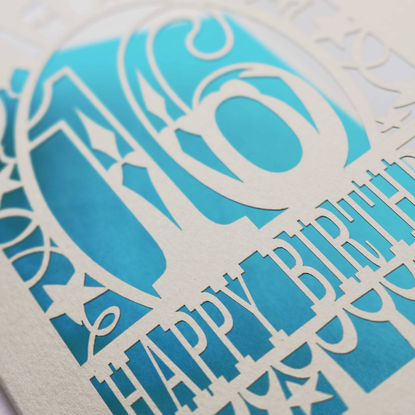 pogofandango - Big Birthday Age 16 A6 Laser Cut Card: Peacock Blue