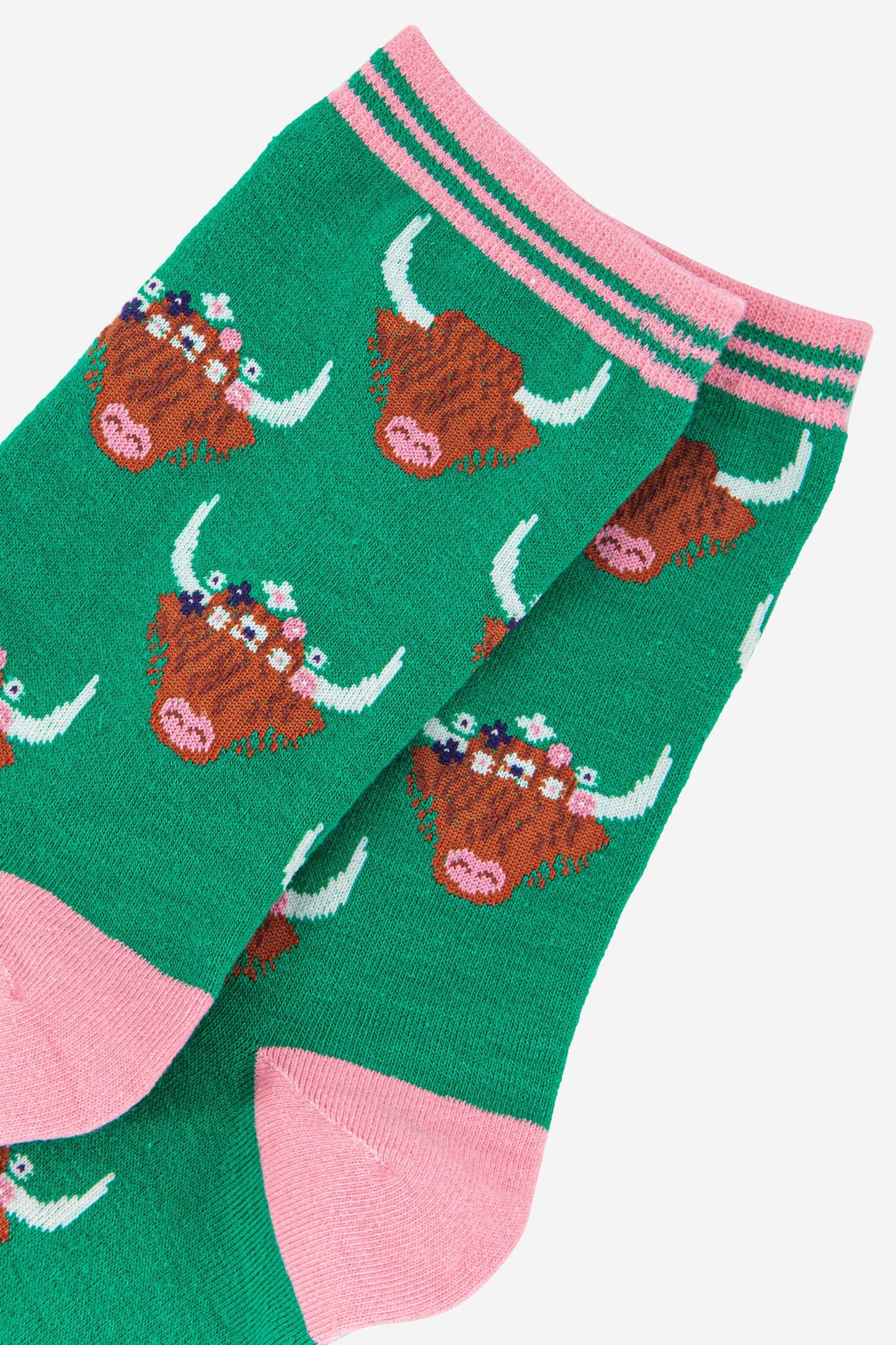 Sock Talk - Women's Highland Cow With Floral Crown Bamboo Socks in Green