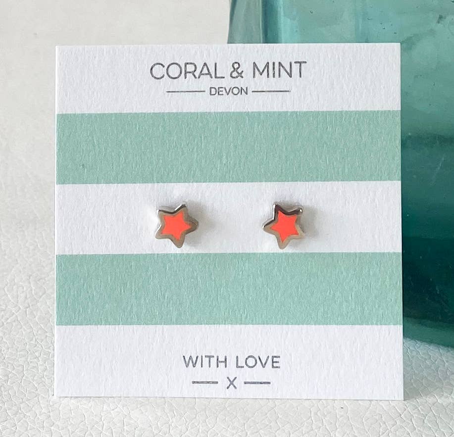 Coral and Mint - Neon Coral enamel Star Studs