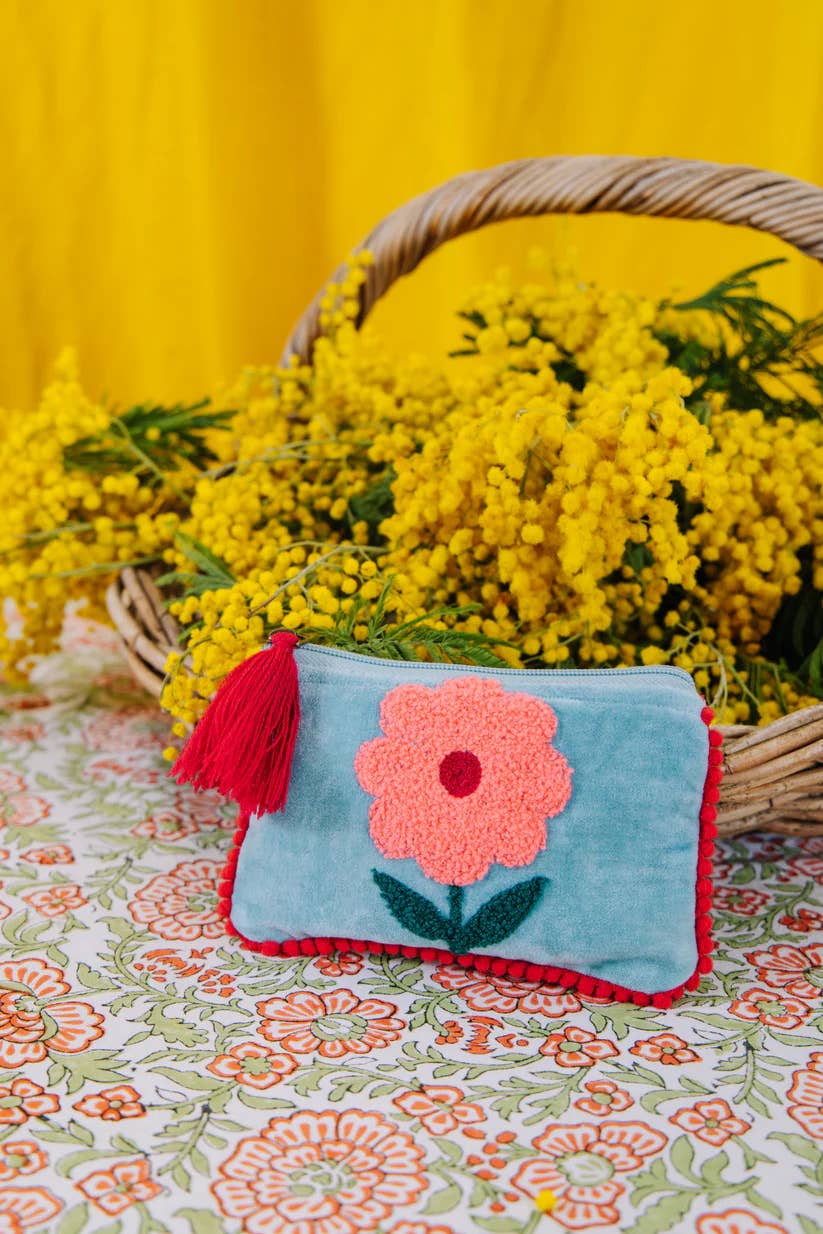 Pink Lemons Ltd - Velvet Single Flower Pouch - Pink & Aqua: Small