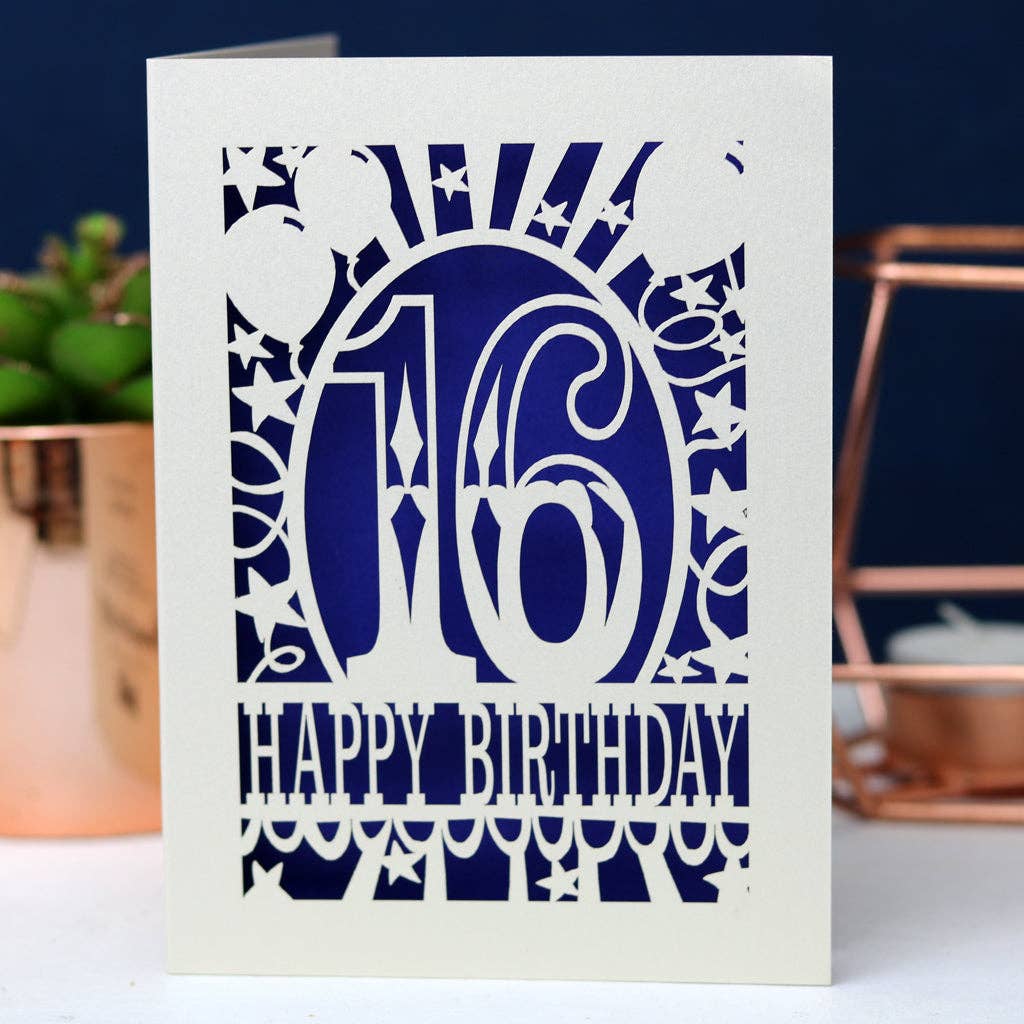 pogofandango - Big Birthday Age 16 A6 Laser Cut Card: Peacock Blue