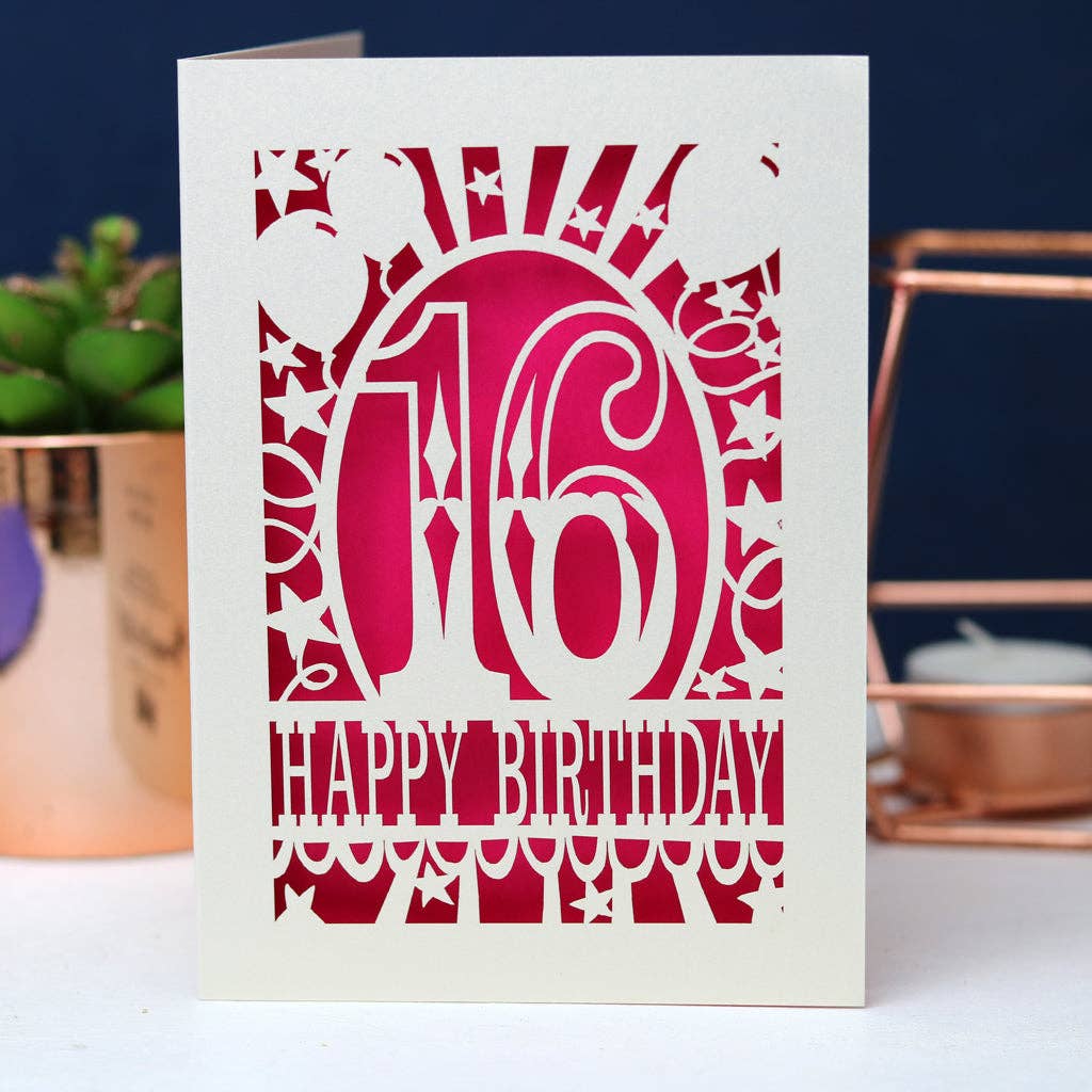 pogofandango - Big Birthday Age 16 A6 Laser Cut Card: Peacock Blue