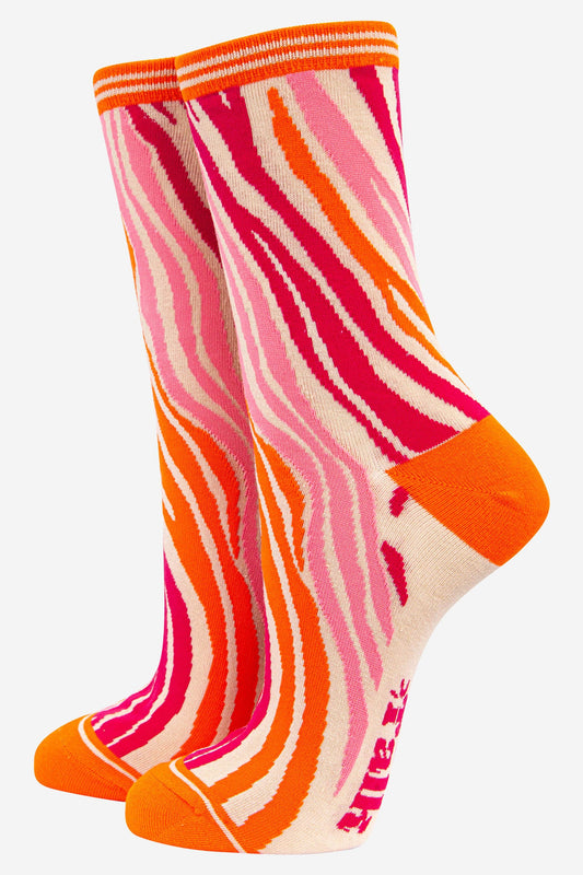 Sock Talk - Women's Zebra Print Bamboo Socks in Orange Pink