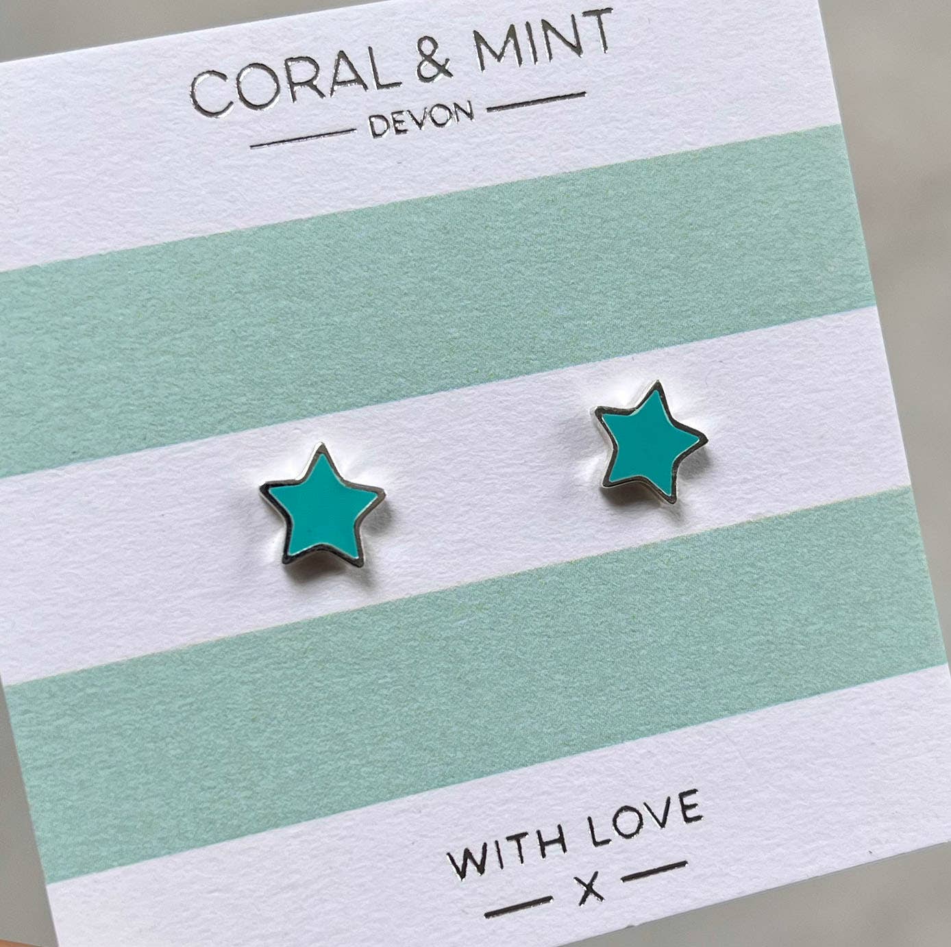 Coral and Mint - Studs with Bright Turquoise Enamel