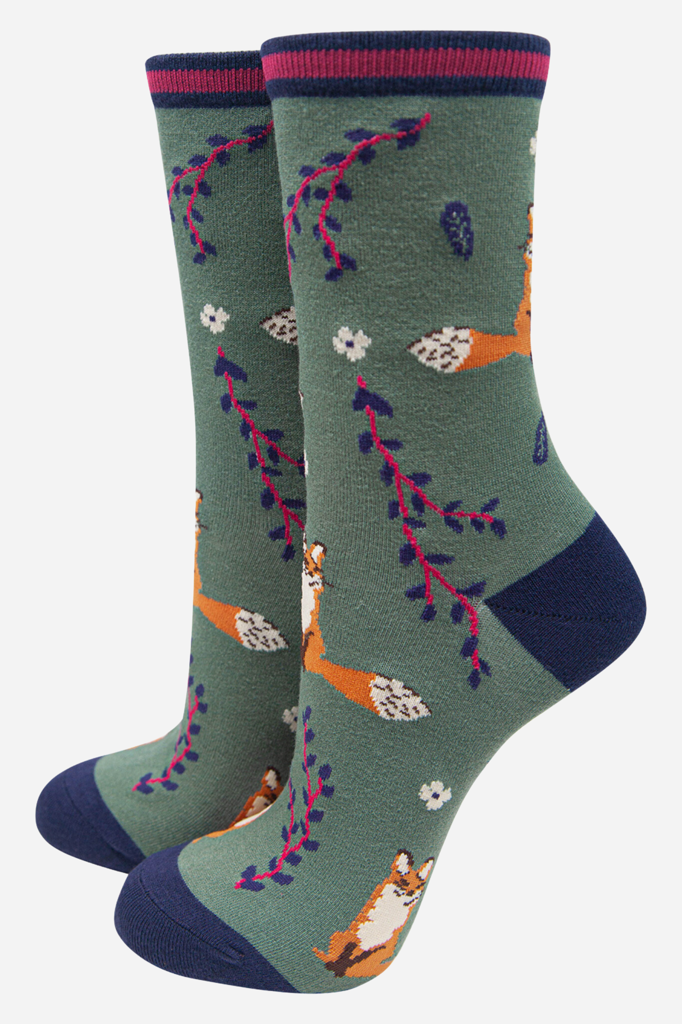 Sock Talk - Women's Fox Novelty Ankle Socks Leaf Print Green