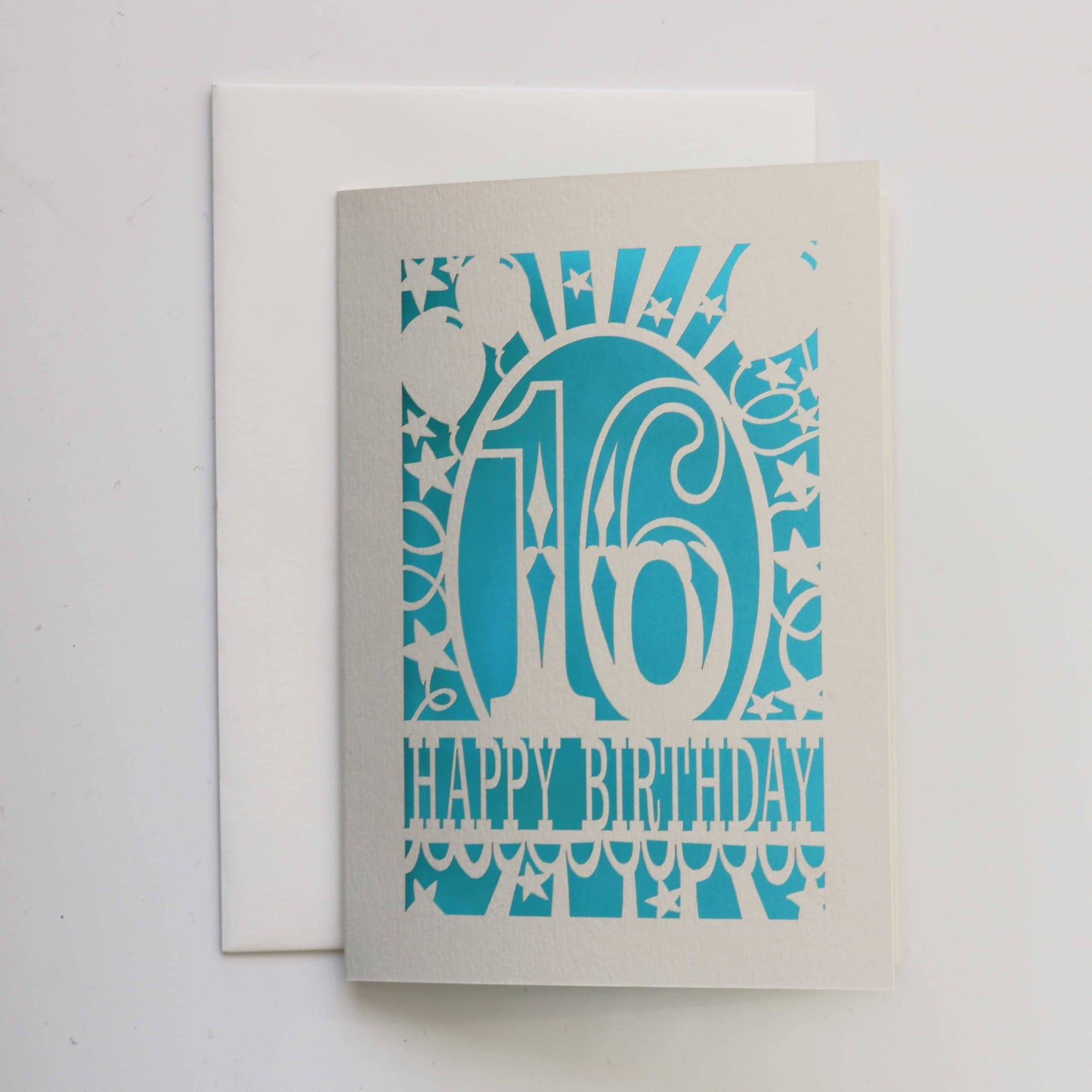 pogofandango - Big Birthday Age 16 A6 Laser Cut Card: Peacock Blue