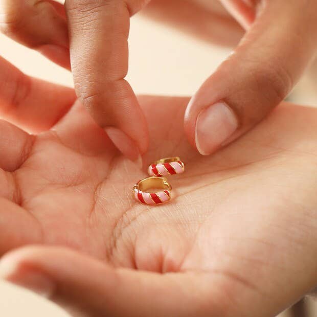 Lisa Angel - Enamel Striped Huggie Hoop Earring: Red/Pink