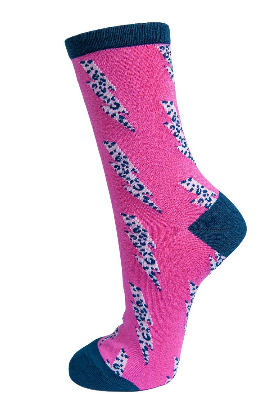 Sock Talk - Womens Bamboo Socks Leopard Print Socks Lightning Bolt Pink