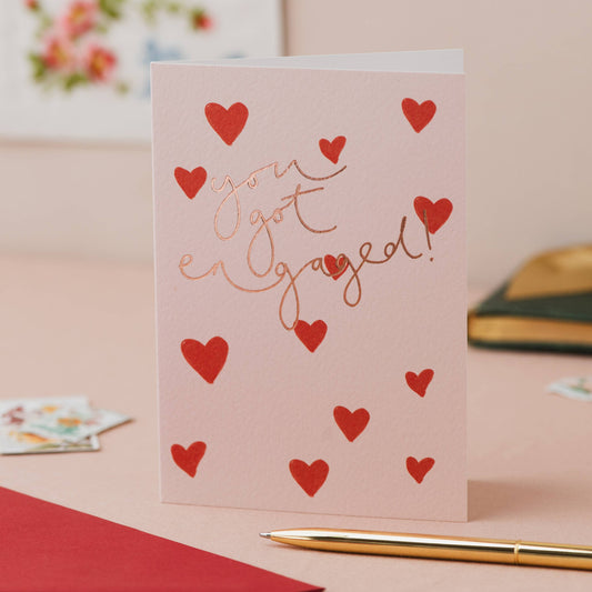 Oh Squirrel - 'You got engaged' Hearts Rose Gold Foil Card: Cellophane