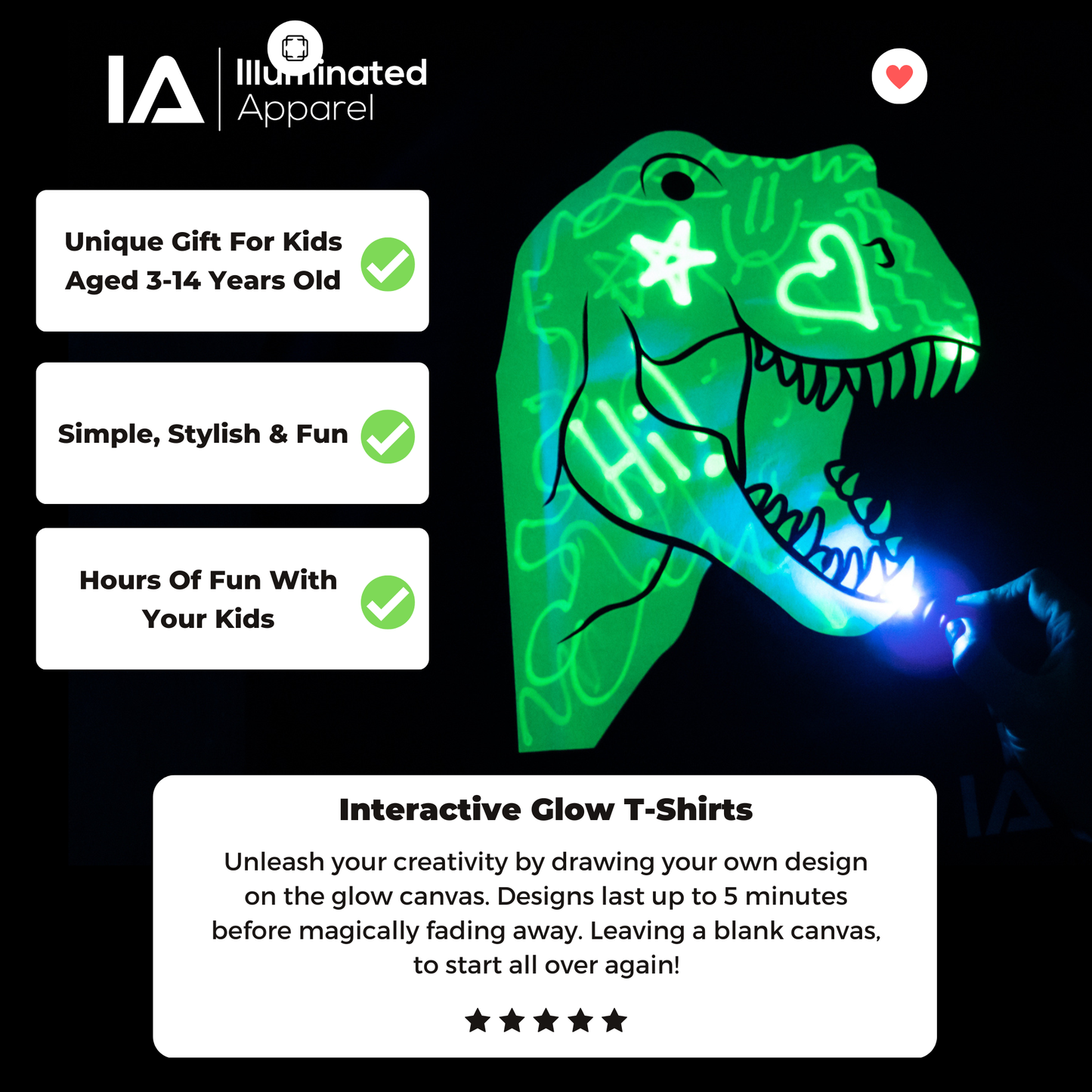 Illuminated Apparel - Interactive Glow T-Shirt - Dinosaur T-Rex: 7-8 Years Old