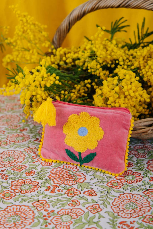 Pink Lemons Ltd - Velvet Single Flower Pouch - Pink & Yellow: Small