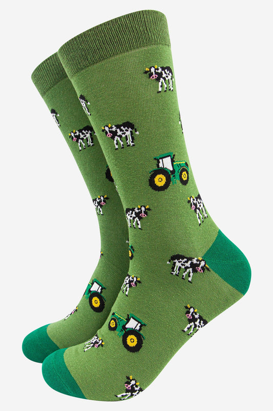 Sock Talk - Men's Green Tractor and Cow Print Bamboo Socks