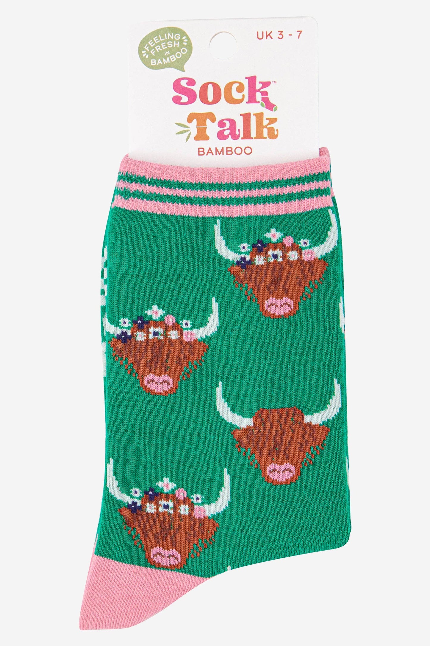 Sock Talk - Women's Highland Cow With Floral Crown Bamboo Socks in Green