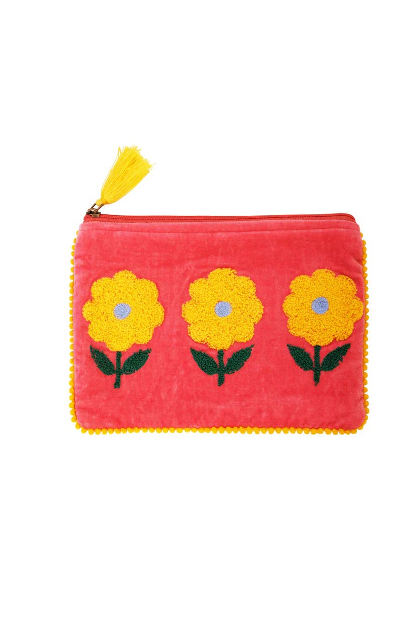 Pink Lemons Ltd - Velvet Triple Flower Pouch - Pink & Yellow: Large