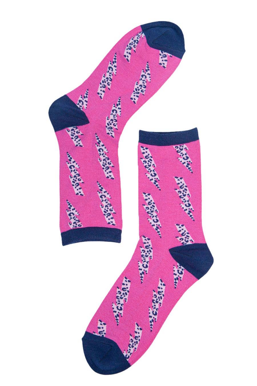 Sock Talk - Womens Bamboo Socks Leopard Print Socks Lightning Bolt Pink