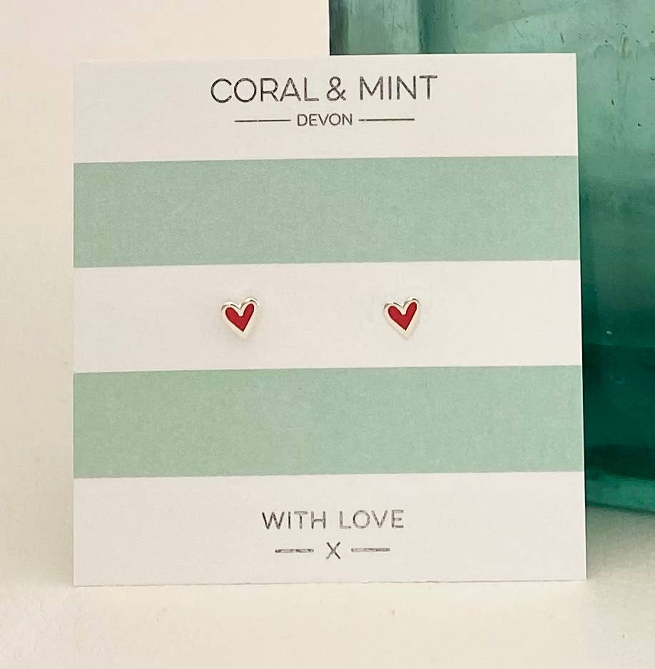 Coral and Mint - Mini Heart Studs -Berry Red Enamel