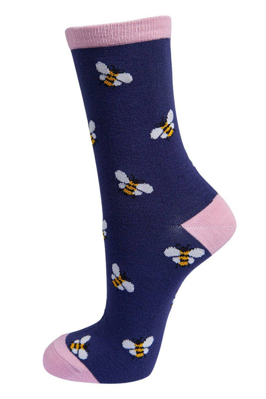 Sock Talk - Womens Bamboo Bee Socks Bumblebees Ankle Socks Navy Blue