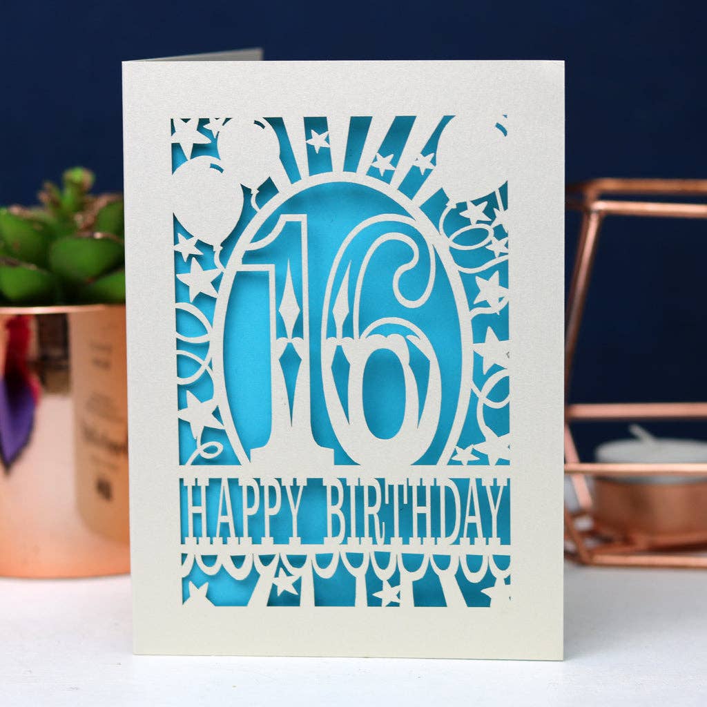 pogofandango - Big Birthday Age 16 A6 Laser Cut Card: Peacock Blue