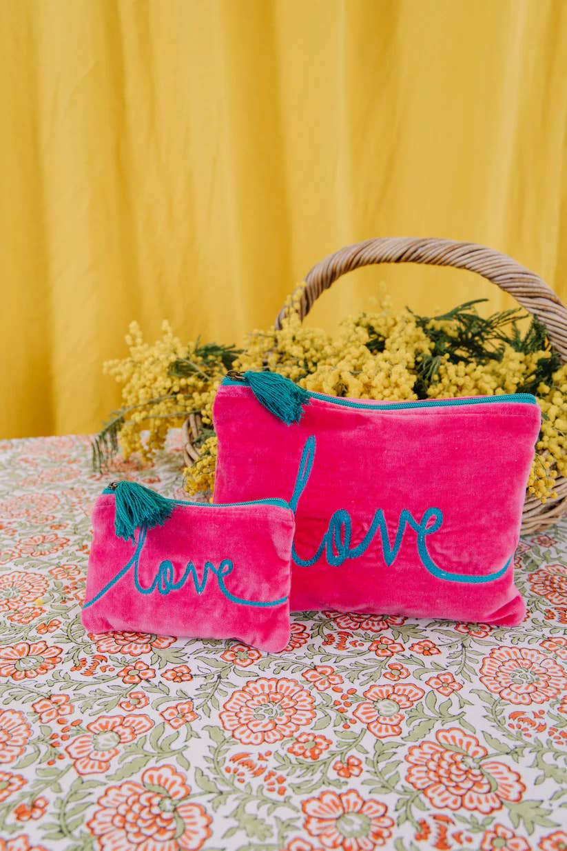 Pink Lemons Ltd - Velvet Love Pouch - Pink & Aqua: Large