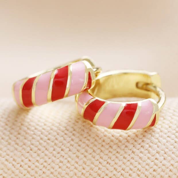 Lisa Angel - Enamel Striped Huggie Hoop Earring: Red/Pink