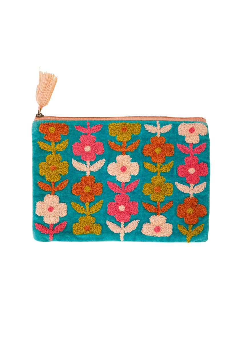 Pink Lemons Ltd - Velvet Multiflowered Pouch - Aqua: Large