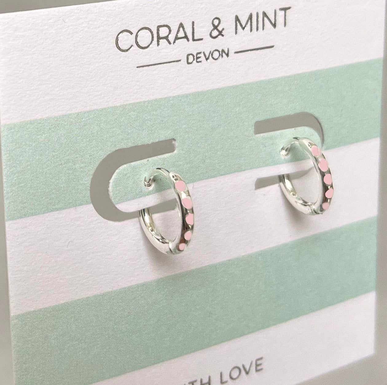 Coral and Mint - Silver plated Huggie earrings with pink enamel