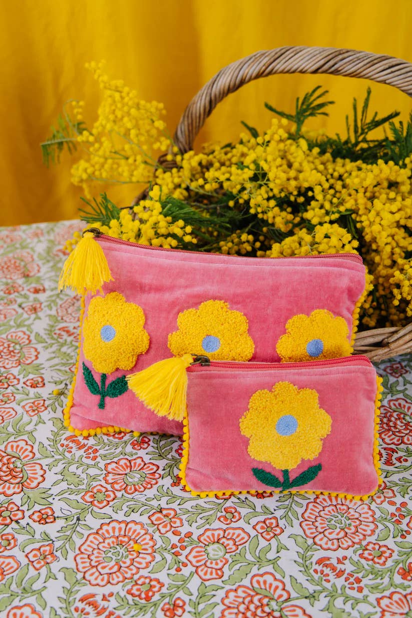 Pink Lemons Ltd - Velvet Triple Flower Pouch - Pink & Yellow: Large