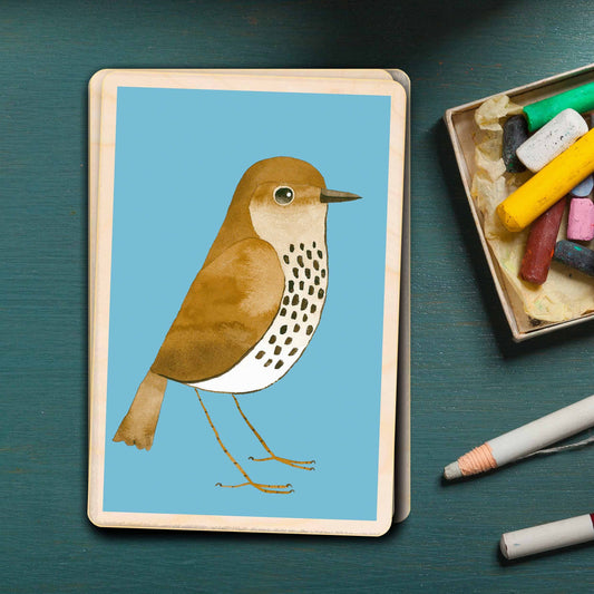 THE WOODEN POSTCARD COMPANY - SONG THRUSH sustainable wood card, wood magnet