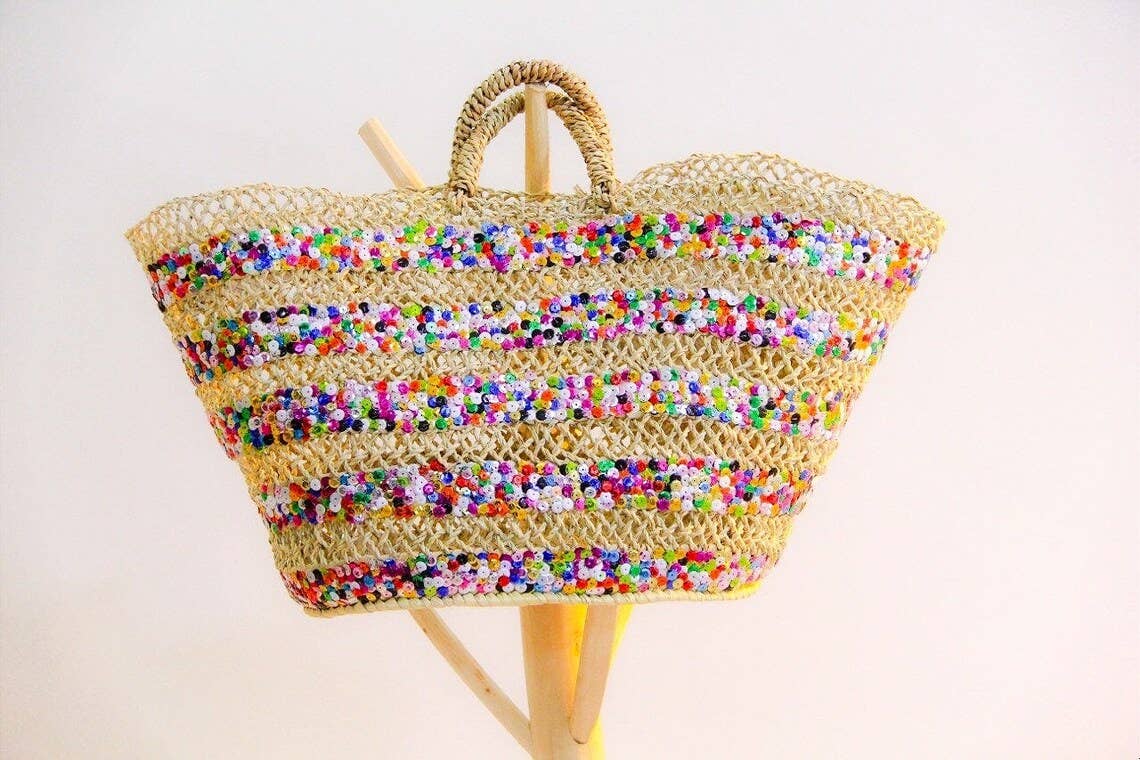 Sequin Baskets Multicolor Star, Design Beach Bag, Straw bag