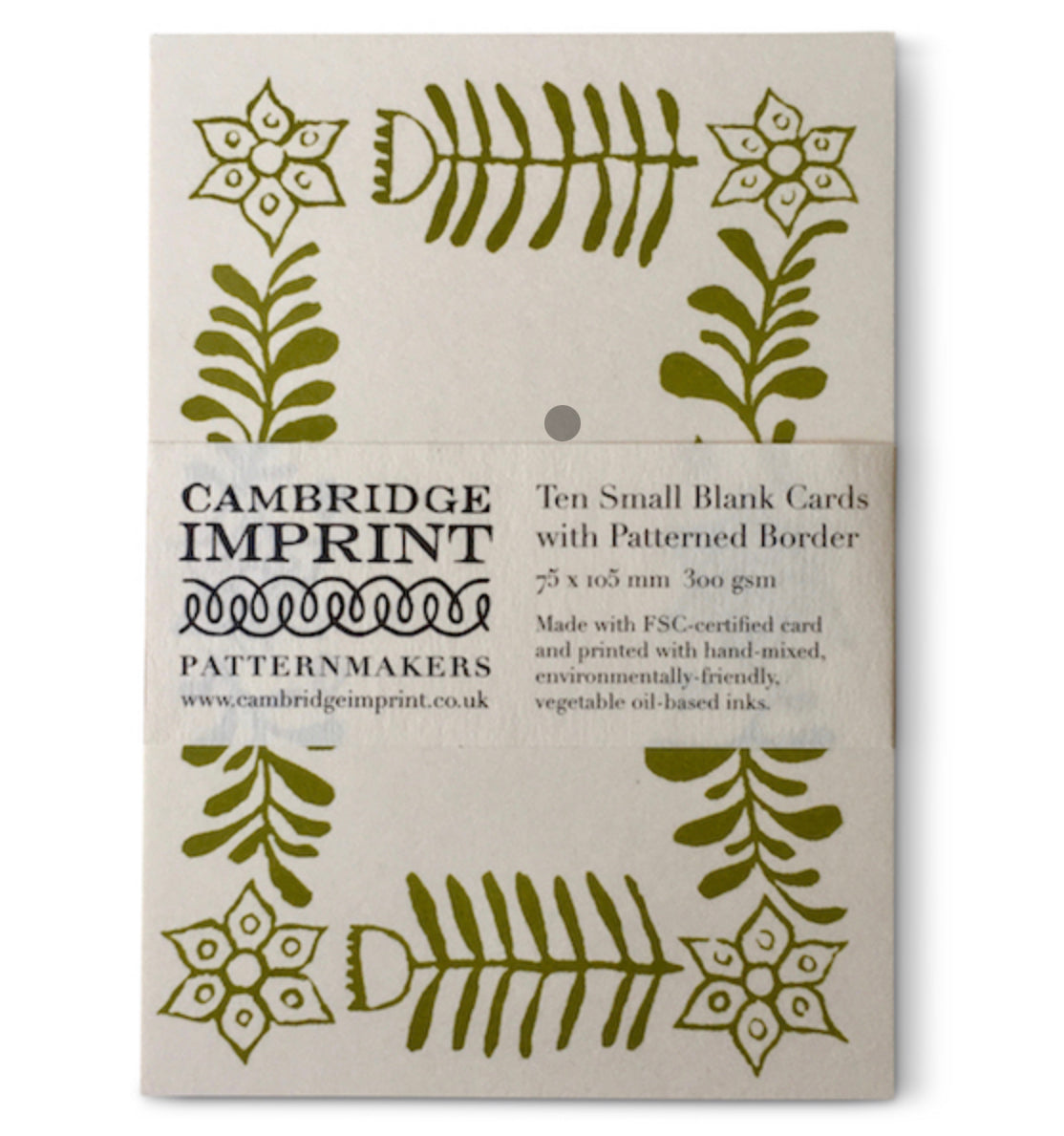 Cambridge Imprint - 10 mini postcards with patterned border - Green