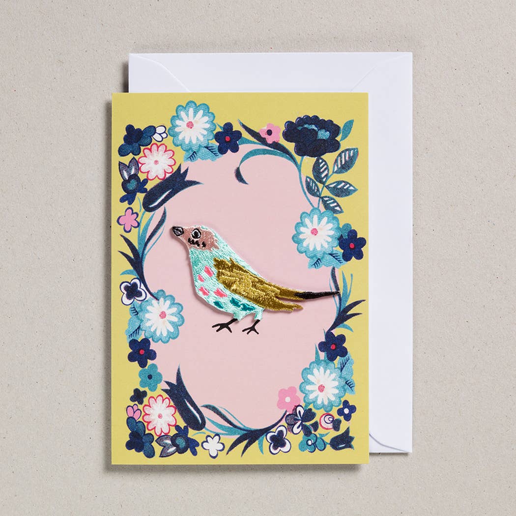 Yellow Embroidered Bird Card