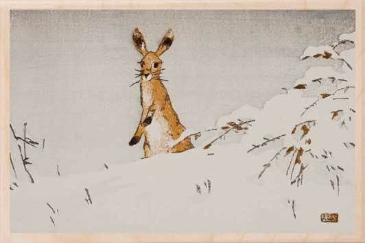 THE WOODEN POSTCARD COMPANY - SEABY SNOW AND HARE fine art sustainable wood card, magnet